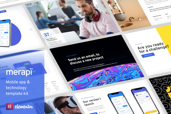 13 modern and creative Elementor template kits for a presentable online portfolio website. 8 Merapi - Mobile App & Technology Template Kit